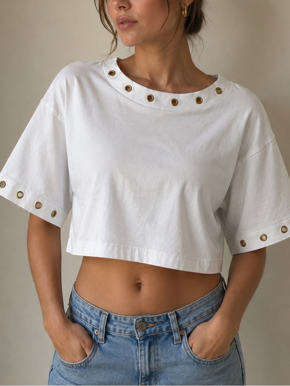 Zimmermann White Cropped Tee with Gold Grommet Trim